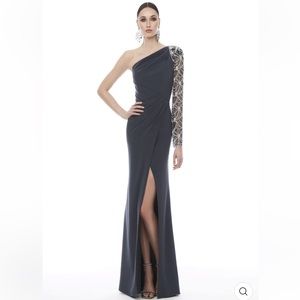 FRASCARA 4315 one shoulder evening gown crepe side slit rhinestone embellished 4